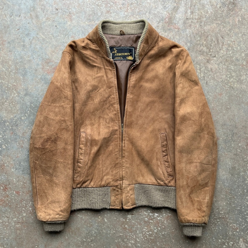 Vintage 1960s Startown Men Brown Leather Bomber Jacket 38R Full Zip Suede Tan
